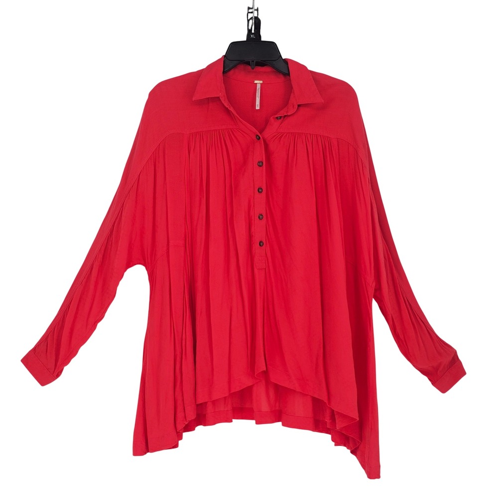 Free People Lovely Day Oversized Tunic XS Coral Button Front LS Boho Festival